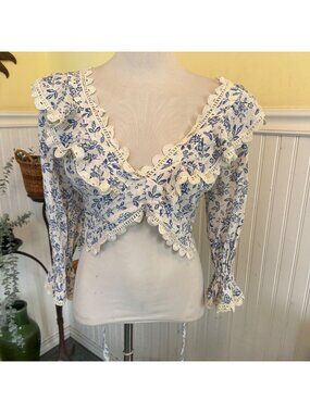 Sydney Lace Trim Floral Crop Top With Ruffle Detail & Lace-Up Back NWT